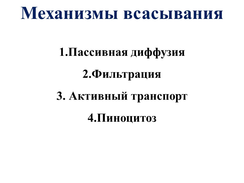 Механизмы всасывания Пассивная диффузия Фильтрация  Активный транспорт Пиноцитоз